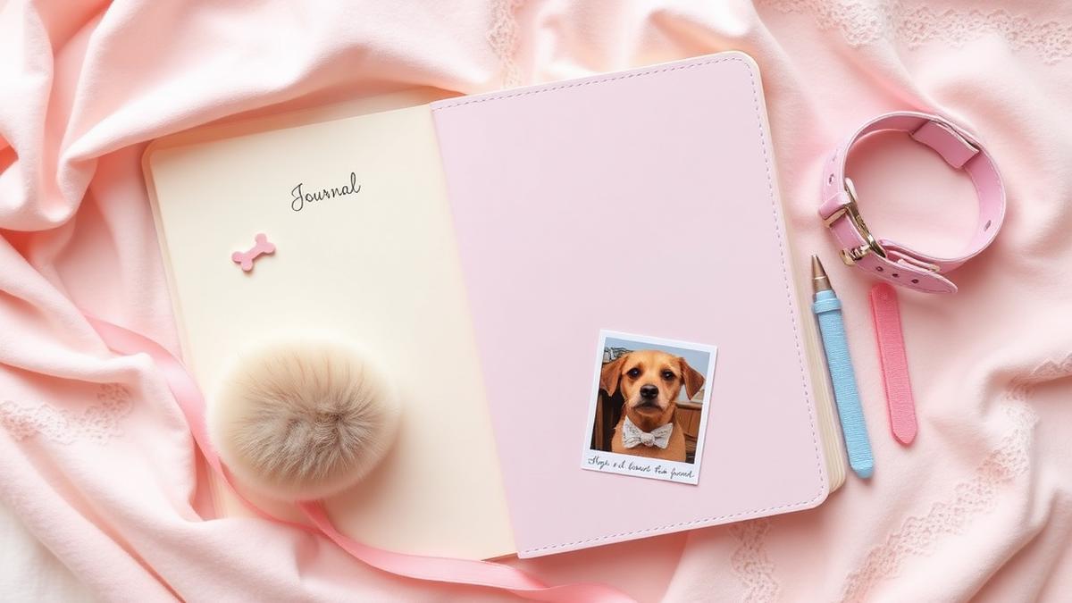 Cozy flat lay of dog mom gifts on a cream surface — a personalized tarot-style dog mug, a floral dog throw pillow and a keepsake journal, Y2K coquette aesthetic