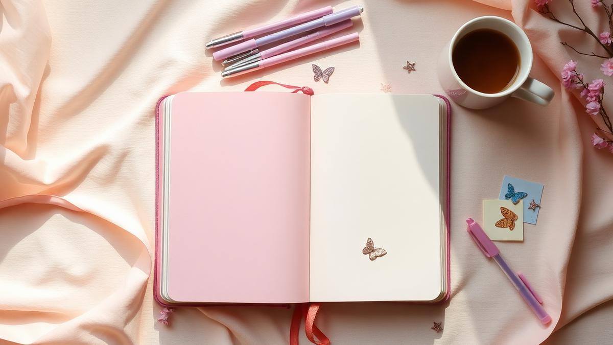Pastel pink hardcover morning pages journal open on a cream desk with coffee, gel pens and butterfly stickers, Y2K coquette aesthetic