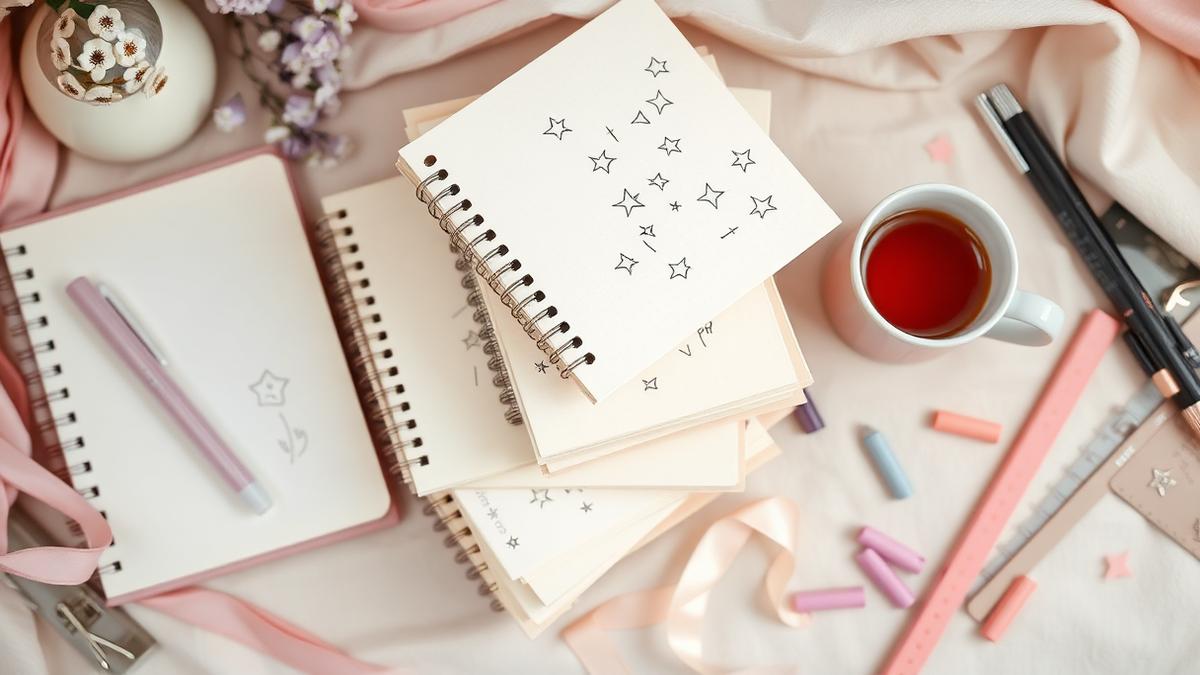 Aesthetic flat lay of stacked pastel notebooks with gel pens, doodled stars and tea, cozy controlled-chaos overthinker desk