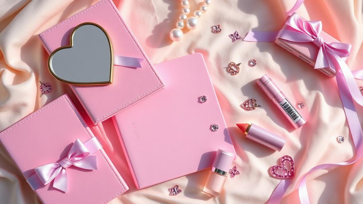 Y2K coquette flat lay of pink and lilac journals with bows, pearls, a heart mirror, lip gloss and rhinestones on a cream surface